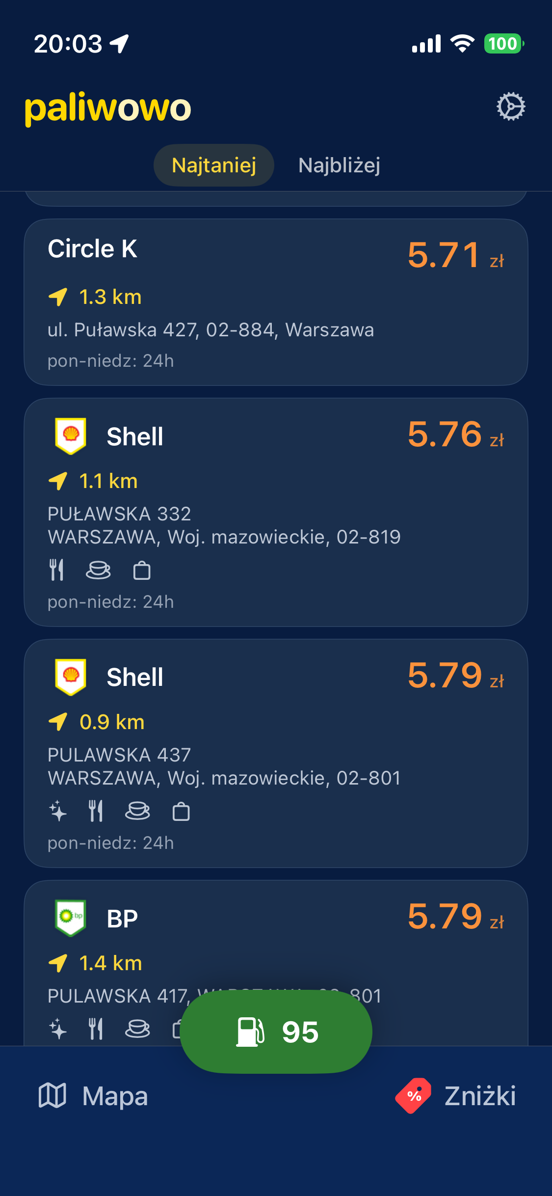 paliwowo app showing nearby fuel prices