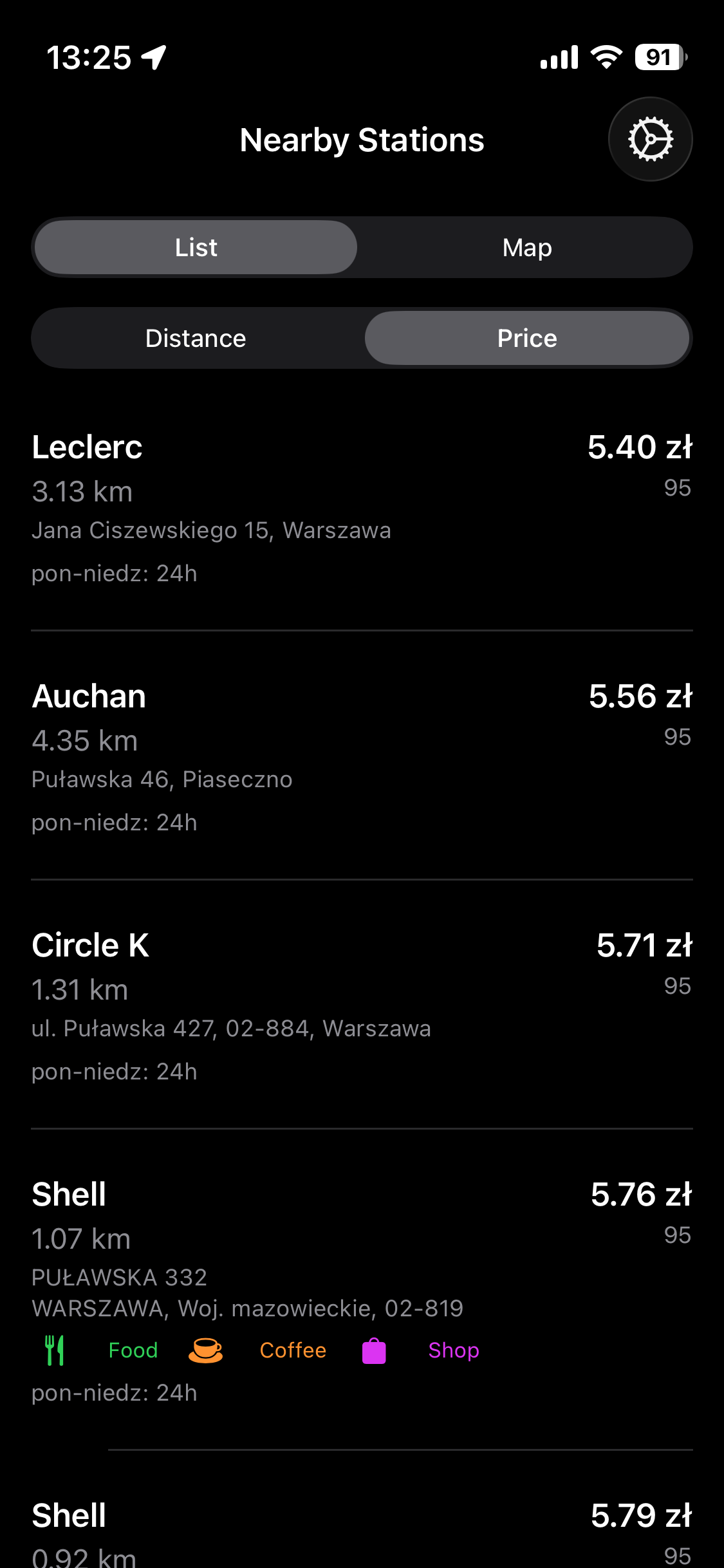 paliwowo app showing nearby fuel prices